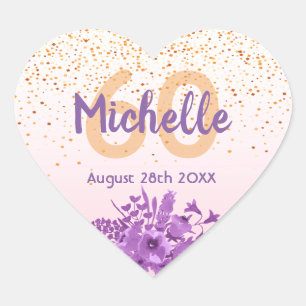 Adesivo Coração rosa de ouro de 60 anos com confete e flores