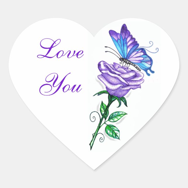 Adesivo Coração Rosa púrpura com borboleta (Frente)