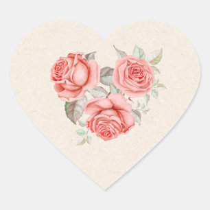 Adesivo Coração Rosas Coral Pêssego Vintage Folhagens Casamento