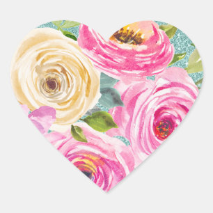 Adesivo Coração Rosas em Aquarela em Rosa e Creme com Glitter Aqua