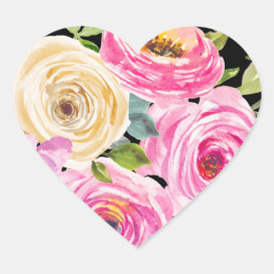 Adesivo Coração Rosas em Aquarela em Rosa e Creme sobre Preto