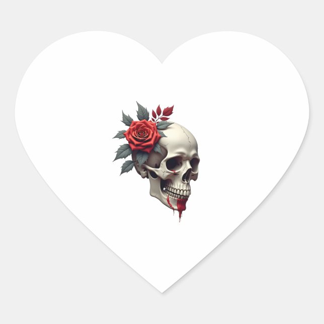Adesivo Coração Rose Skeleton Skull Hand Red Flower Rose T-Shirt ( (Frente)