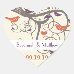 Adesivo Coração Roxo Laranja e Cinza Selo de Casamento de Árvores
