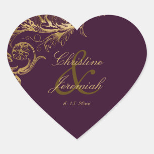 Adesivo Coração Roxo Vintage. Casamento Dourado de Script Floral D