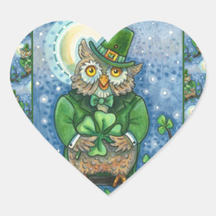 ADESIVO CORAÇÃO RUAS. PATRICK'S DAY OWL, 4 LEAF CLOVER LEPRECHAU