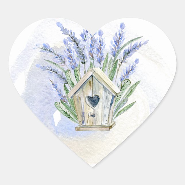 Adesivo Coração Rustic Blue Lavanda Birdhouse Floral (Frente)