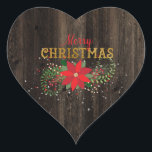 Adesivo Coração Rustic Felry Christmas English Heart<br><div class="desc">Ouro clássico adesivo vermelho preto Forma cardíaca Fundo de madeira</div>