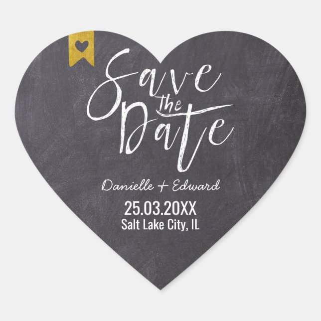 Adesivo Coração Rustic Save the Date Chalkboard White Typografia (Frente)