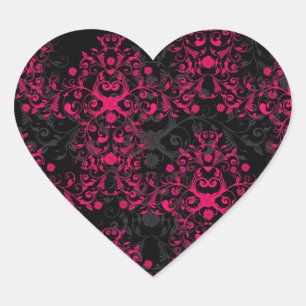 Adesivo Coração Sedutor Rosa Flamejante e Floral Damask Preto
