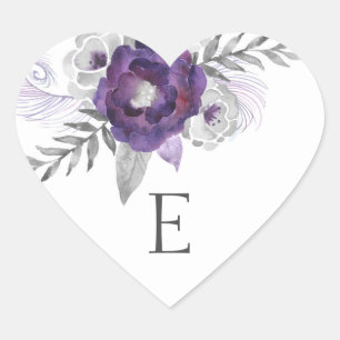 Adesivo Coração Selos do envelope do monograma do casamento/roxo