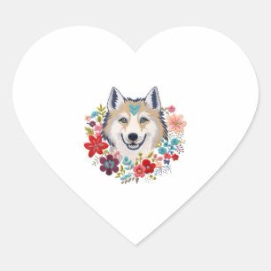 Adesivo Coração Siberian Husky com flores bordados florais