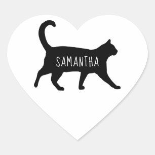 Adesivo Coração Silhueta de Gato Preto Personalizado