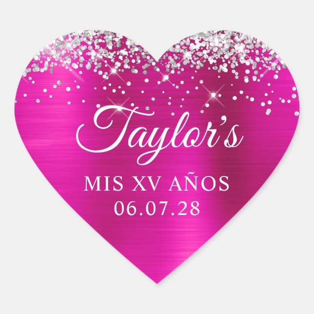 Adesivo Coração Silver Glitter Rosa Quente Foil Mis XV Anos Aniver (Frente)