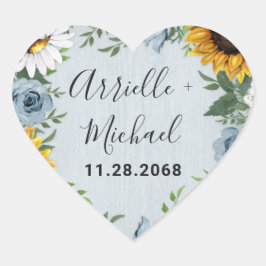 Adesivo Coração Sunflower Dusty Blue Country Rosa Rustic Casamento