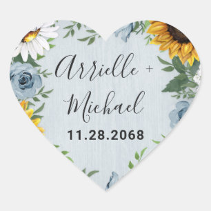 Adesivo Coração Sunflower Dusty Blue Country Rosa Rustic Casamento
