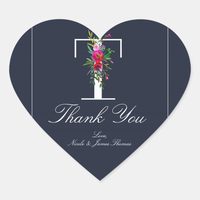 Adesivo Coração T Monograma Última Inicial Moderno Azul Floral Cas (Frente)