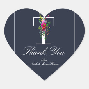 Adesivo Coração T Monograma Última Inicial Moderno Azul Floral Cas