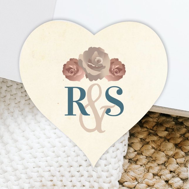 Adesivo Coração Teal, Beige, Monograma Dusty Pink (Blush, Beige Roses Simple Monogram Wedding Heart Sticker, Couple's Initials, Party Favor Sticker)