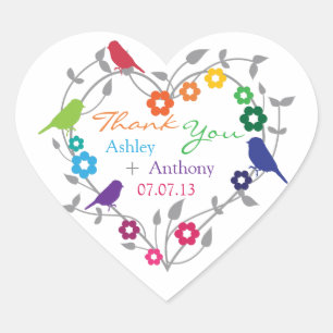 Adesivo Coração Tema Arco-Íris Aves Flores Marcas De Favor De Casa