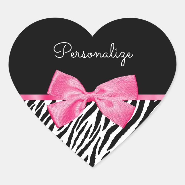 Adesivo Coração Tendência Zebra Impressão Quente-Rosa Arco e Nome (Frente)