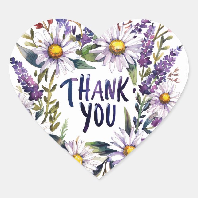 Adesivo Coração Thank you. Beautiful Daisies and lavender. Sticker (Frente)
