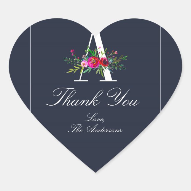 Adesivo Coração Um Monograma de Inicial Moderna Floral Azul de Cas (Frente)