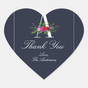 Adesivo Coração Um Monograma de Inicial Moderna Floral Azul de Cas