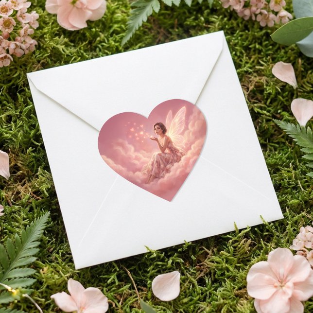 Adesivo Coração Valentine Fairy on Pink Clouds Fantasy Art (Criador carregado)