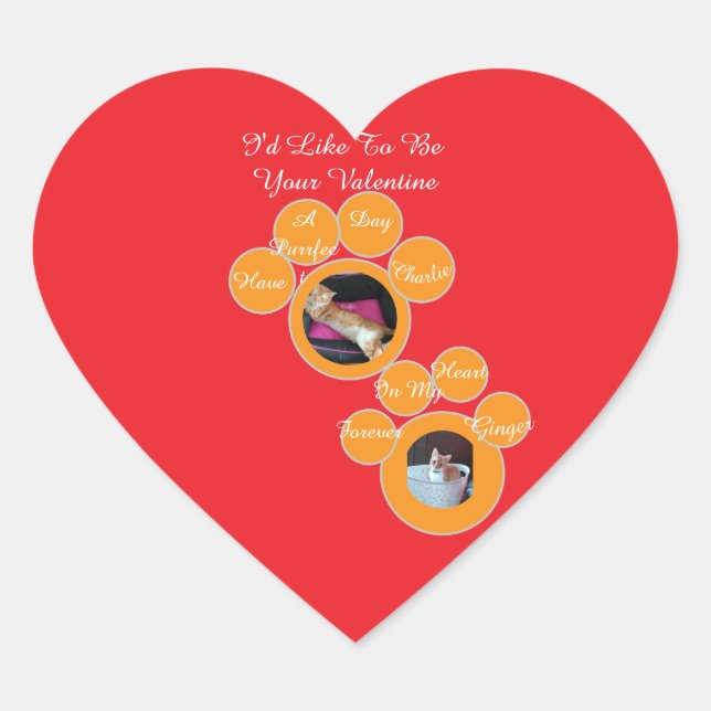 Adesivo Coração Valentine's Pawprint Cat Photo (Frente)