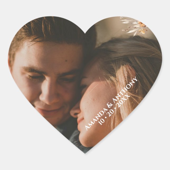 Adesivo Coração Vinheta Casal de Casamento de Flor de Outono (Frente)