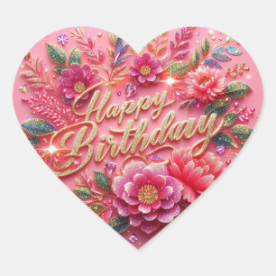 Adesivo Coração Vinheta-de-Aniversário com Brilho Cor-de-Rosa