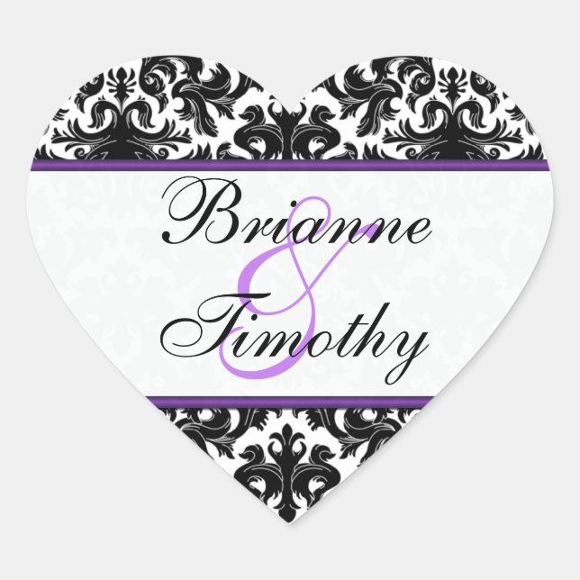 Adesivo Coração Vinheta de Casamento de 1,5", preto-e-branco-roxo (Frente)