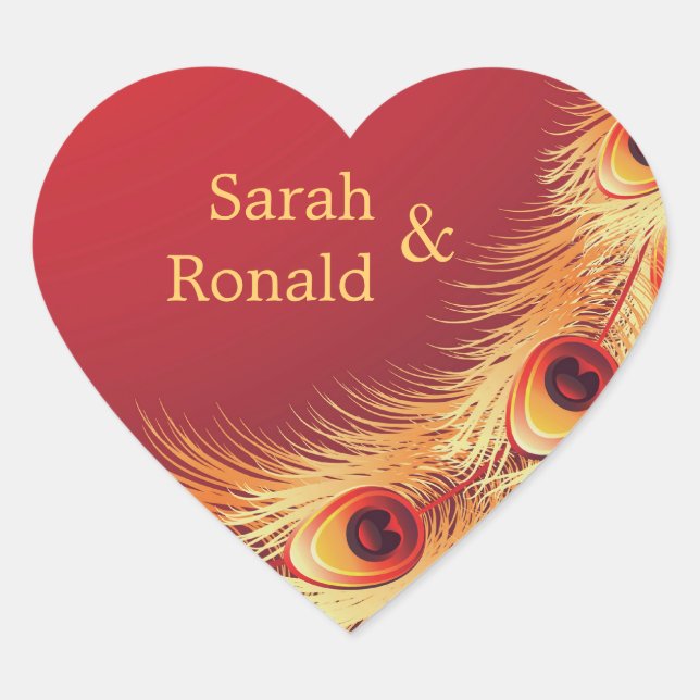 Adesivo Coração Vinheta de Casamento de Penas de Peacock (Frente)