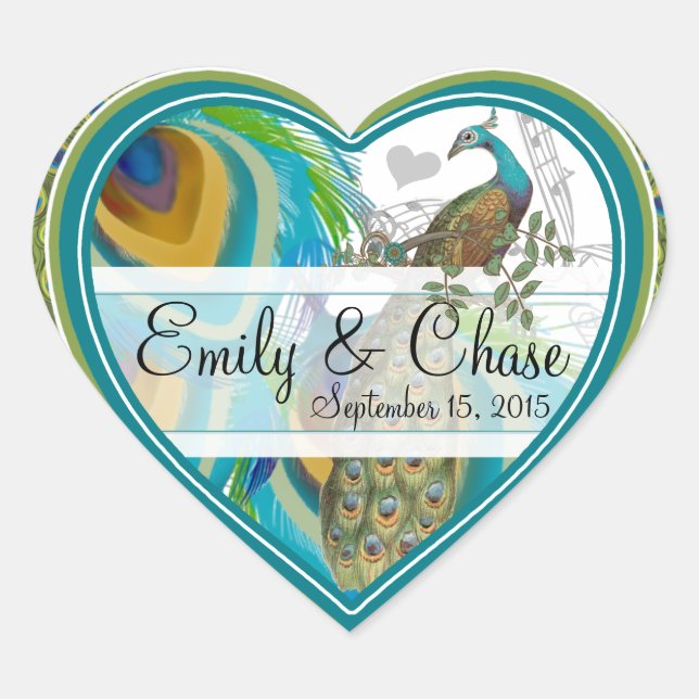 Adesivo Coração Vinheta de Casamento de Penas de Peacock Cinza Aqu (Frente)