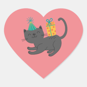 Adesivo Coração Vinheta de gato de aniversário bonito