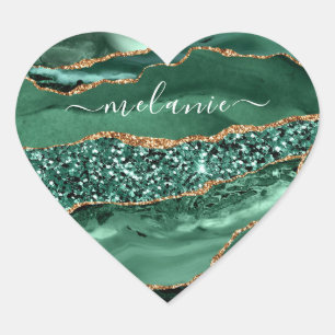 Adesivo Coração Vinheta de nome de mármore verde-Dourado para bril