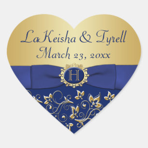 Adesivo Coração Vinheta-Favor de Casamento Floral Dourado, Azul Mo