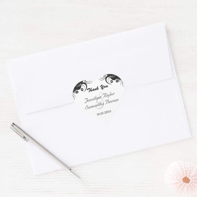 Adesivo Coração Vinheta-Favor de Casamento Floral Preto e Coração  (Envelope)
