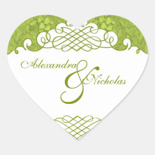 Adesivo Coração Vinhetas de Casamento com Damasco Floral Verde e R