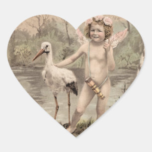 Adesivo Coração Vintage Cherub com Stork pelo Lago