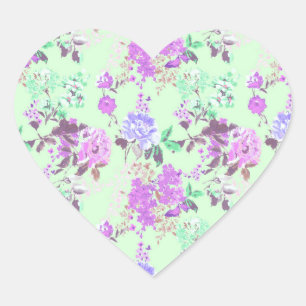 Adesivo Coração Vintage Chintz Floral Pattern Mint Green Purple