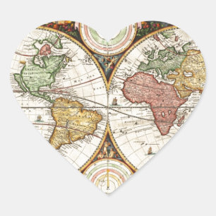 Adesivo Coração Vintage World Map Dois Hemisférios Arte Rara Antiq