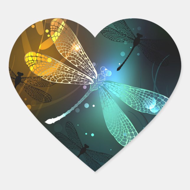 Adesivo Coração Voo luminoso verde de libélula (Frente)