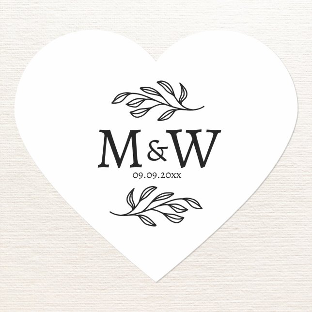Adesivo Coração Wedding Couple Monogram Date Botanical Heart (Modern wedding couple monogram initials date botanical leaf line art heart sticker)