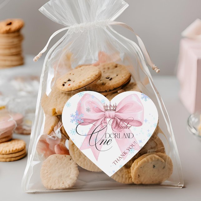 Adesivo Coração Winter ONEderland Pink Bow 1st Birthday Party (Criador carregado)