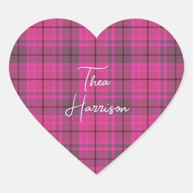 Adesivo Coração Xadrez escocês preppy rosa e roxo personalizado  (Frente)