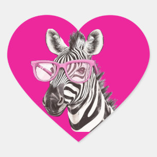 Adesivo Coração Zebra com óculos cor-de-rosa escuro Fundo rosa