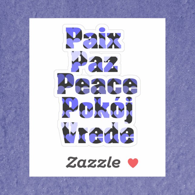 Adesivo Corações Azuis da Paz em Muitas Línguas (A sticker that says peace in French, Spanish, English, Polish and Swedish with blue hearts.)