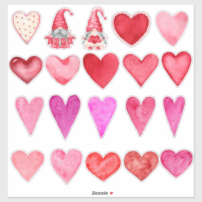Adesivo Corações de Aquarelas e Dois Gnomos (Folha)