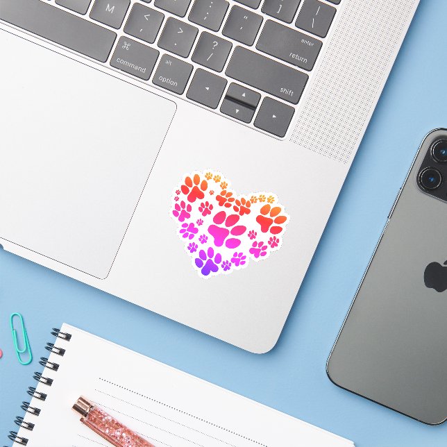 Adesivo Corações em Arco-Íris Neon com Pegadas de Patinhas (Notebook com iPhone)